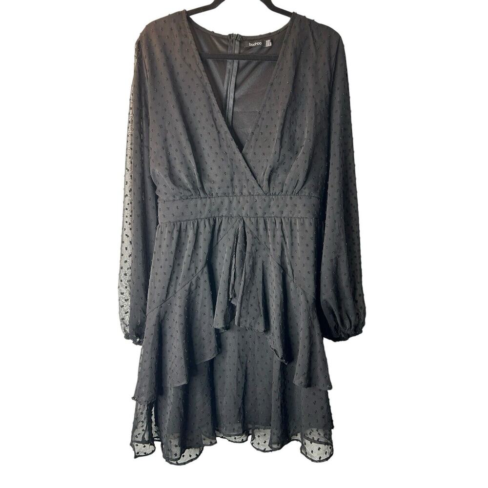 Boohoo Dress Size 16 Black Ruffle Hem‎ Dobby Chiffon Swiss Dots Long Sleeve Mini